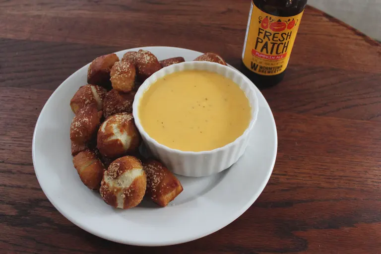 Image of Mini Pretzels with Pumpkin Beer Cheddar Sauce.